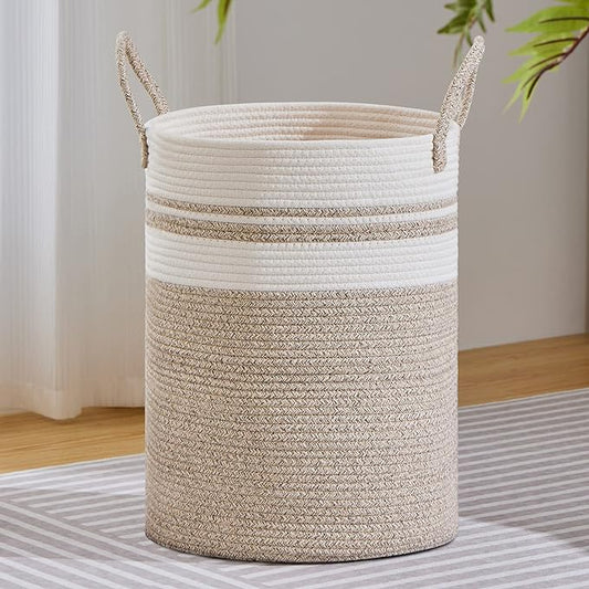 VIPOSCO Large Laundry Hamper, Tall Woven Rope Storage Basket for Blanket, Toys, Dirty Clothes in Living Room, Bathroom, Bedroom - 100L Brown & White