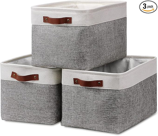 HNZIGE Fabric Storage Baskets for Shelves(3 Pack) Large Collapsible Storage Baskets for Organizing, Decorative Baskets Bins Set with Handles for Closet, Clothes, Toy(White&Gray,15" x 11" x 9.5")