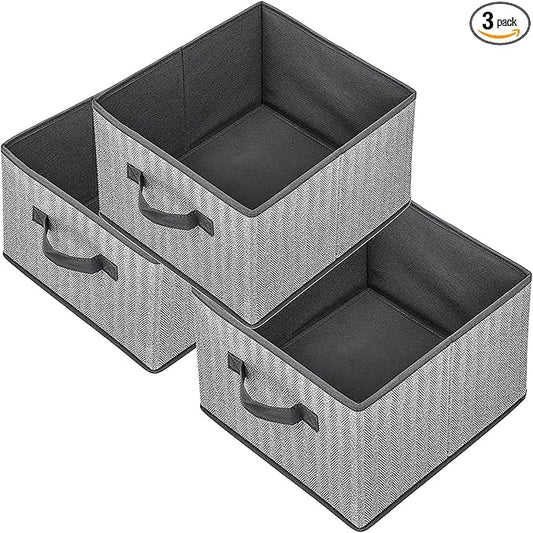 Storage Baskets, 11-Inch Woven Fabric Bins, Storage Cubes with Reinforced Handles, Organizer Bins for Closet Shelves, Foldable, for Toys, Clothes, Natural Beige (3PCS/Grey-11*11*7.8inch)
