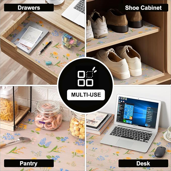 INNOLITES Non-Slip Shelf Liner – Cabinet & Drawer Liner Non-Adhesive – Waterproof Oil-Proof – Durable EVA with Floral for Kitchen Cabinets Refrigerator – BPA-Free, Easy to Cut