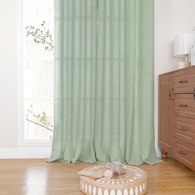 YoungsTex Light Green Linen Semi Sheer Curtains 84 Inch Length 2 Panels for Living Room, Sage Boho Light Filtering Drapes with Back Tab Rod Pocket Window Treatments for Dining Bedroom, 52 X 84 Inch