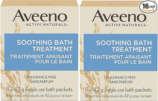 Aveeno Fragrance Free Soothing Bath Treatment, 100% Natural Colloidal Oatmeal, Sensitive Skin Bath Soak for Relief of Dry, Itchy, Irritated Skin Due to Eczema & Hives, Bath Packets, 8 ct. (Pack of 2)