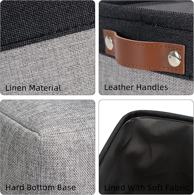 DULLEMELO Fabric Bathroom Storage Bin with Leather Handles, Narrow Organizer for Towels, Toilet Paper Rolls, Storage Basket for Back of Toilet, Vanities, Shelves & Cabinets (Black&Gray)