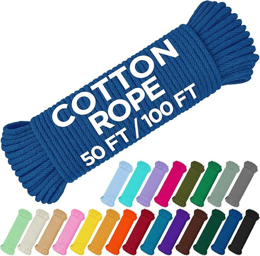 TECEUM Cotton Rope 3/16” (5 mm) – 100 FT – Strong All-Purpose Braided Rope – Natural Cotton – for Crafting, Сamping, Clothes Line, DIY, Indoor & Outdoor Use – Blue