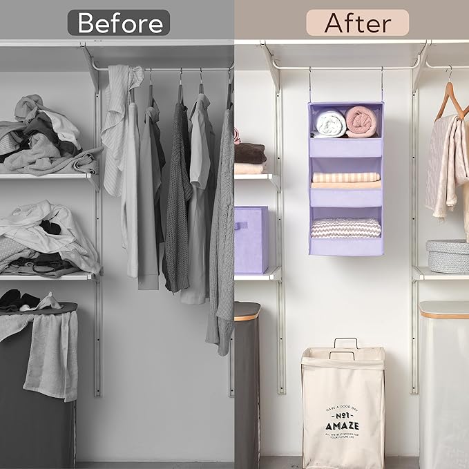 GRANNY SAYS 3 Shelf Hanging Closet Organizers and Storage, Collapsible Closet Storage Organizer with 2 Metal Hooks, Leak-Proof Hanging Shelves for Nursery, Kids Room, Bedroom, 1 Pack, Purple