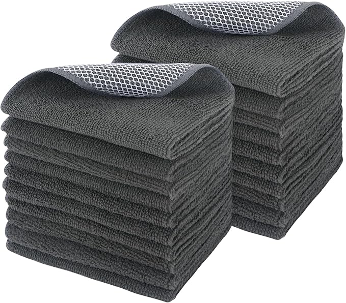 SINLAND Microfiber Dish Cloth Kitchen Washcloth Best Kitchen Cloths Cleaning Cloths Poly Scour Side 12"x12" 20Pack Dark Grey