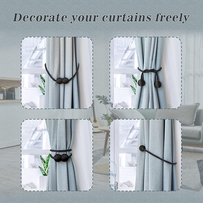 Hion Magnetic Curtain Tiebacks 4 Pack, Nickel-plated Metal and Polyester, Black