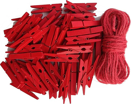 1.9 Inch Red Strong Wood Clothes Pins Hold Xmas Cards Papers Scrapbooking Gloves Socks Laundry Clip with Twine Pack 50