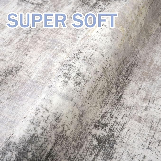 IOHOUZE Abstract Runner Rug 2x7 Ft Washable Runners for Hallways, Non Slip Kitchen Runner Printed Faux Wool Entryway Runners Indoor, Modern Abstract Floor Carpet for Hall Kitchen Bedroom, Grey Beige