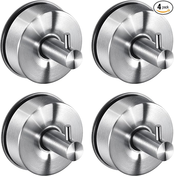JOMOLA Brushed Stainless Steel Shower & Bathroom Hooks - No Drill Adhesive-Free Suction Cup Hardware, Rustproof Waterproof Metal Wall Mount for Towel Robe, Damage-Free (4-Pack)