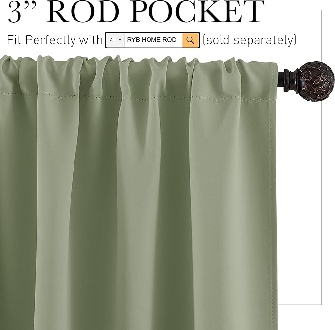 RYB HOME Room Darkening Kitchen Curtains 45 inch Length, Durable Privacy Window Drapes Thermal Insulated Panels Farmhouse Decor for Bedroom Studio Bathroom, W 42 x L 45 inches, Set of 2, Sage Green