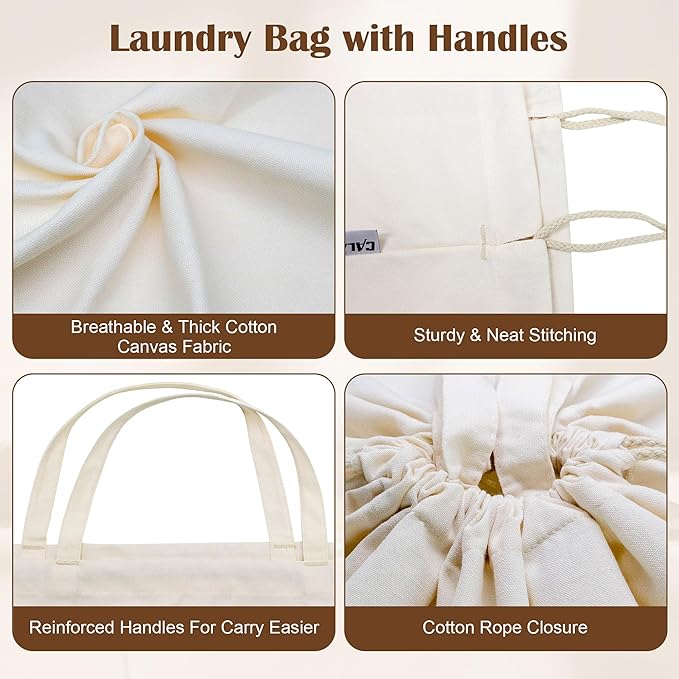 Canvas Laundry Bag with Handles & Drawstring Closure 27.5”x35", Thick Cotton Laundry Bag Heavy Duty Washable Dirty Clothes Travel Sack for Camp, College Dorm, Laundromat (Beige L, 2 Pack)