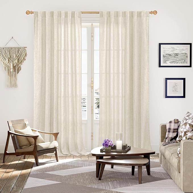 YoungsTex Extre Long Linen Curtains 102 Inch Length for Living Room, Semi Sheer Window Drapes with Rod Pocket Back Tab Light Filtering for Farmhouse Bedroom, 2 Panels, 52 X 102 Inch