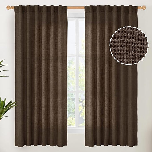 YoungsTex Brown Linen Curtains for Living Room 63 Inches Long, Chocolate Semi Sheer Drapes Textured Light Filtering Window Treatments with Rod Pocket Back Tab for Bedroom, 2 Panels, 52 X 63 Inch