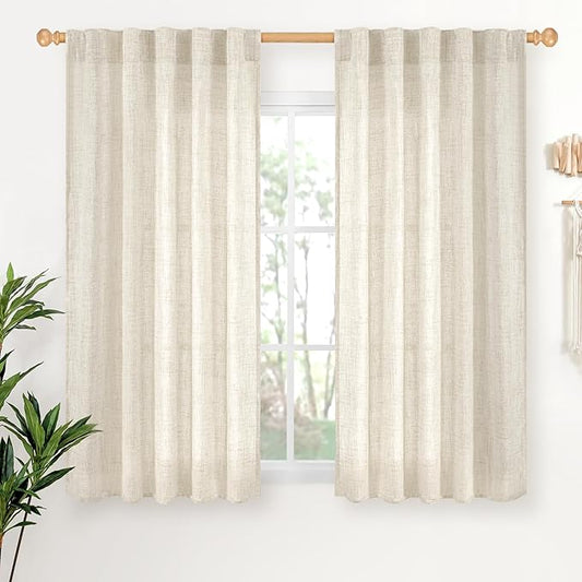 YoungsTex Linen Curtains 48 Inch Length for Kitchen, Semi Sheer Cream Window Drapes with Rod Pocket Back Tab Light Filtering Textured for Living Room Bedroom Bathroom, 2 Panels, 42 X 48 Inch