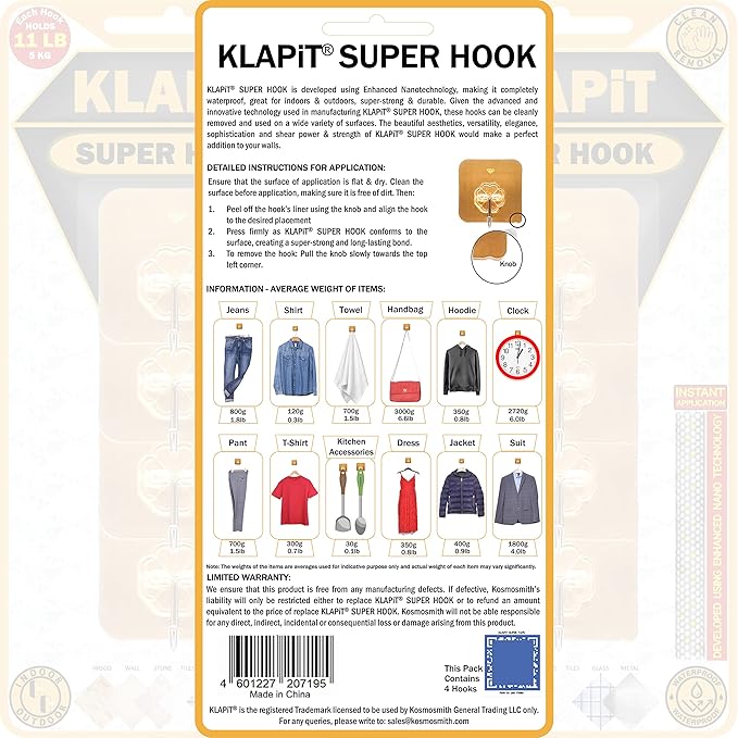 KLAPiT Super Hook - Heavy-Duty Adhesive Gold Wall Hooks, Holds Up to 11 lbs, Waterproof, No Damage, Easy Install on Tile, Wood, Stone, Glass & Metal - Made of Steel (Gold, 16pc)