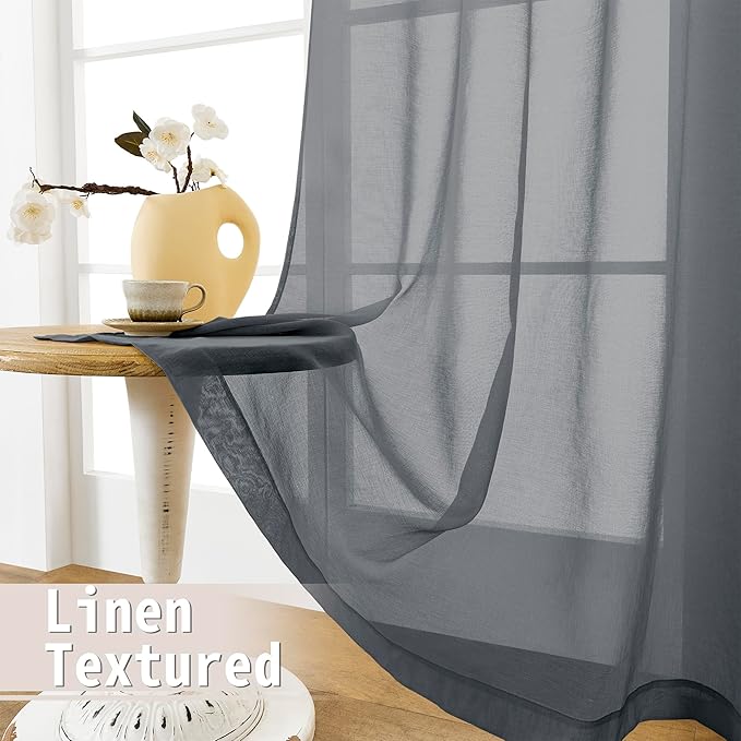 Tollpiz Short Sheer Linen Textured Curtain Sheers Doorway Light Filtering Voile Patio Glass Door Rod Pocket Curtains French Door, 54 x 54 inches Long, Dark Grey, Set of 1 Panel