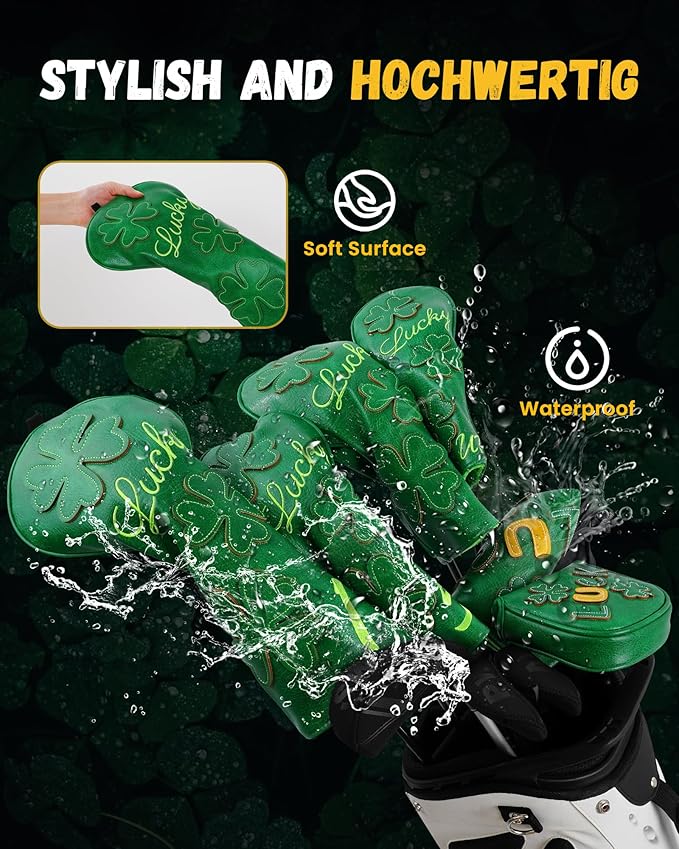 Golf Headcovers Golf Club Head Covers Four Leaf Clover Good Luck Charm - Clover Style Premium Leather Driver Fairway(FW) Wood Hybrid(UT) with Number Tags