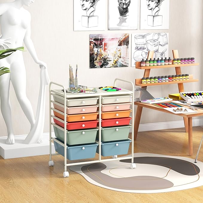GOFLAME 12-Drawer Rolling Storage Cart, Multipurpose Organizer with 2 Sizes Plastic Drawers, Mobile Utility Cart with Lockable Casters for Home, Office, Beauty Salon, School, Macaron Color