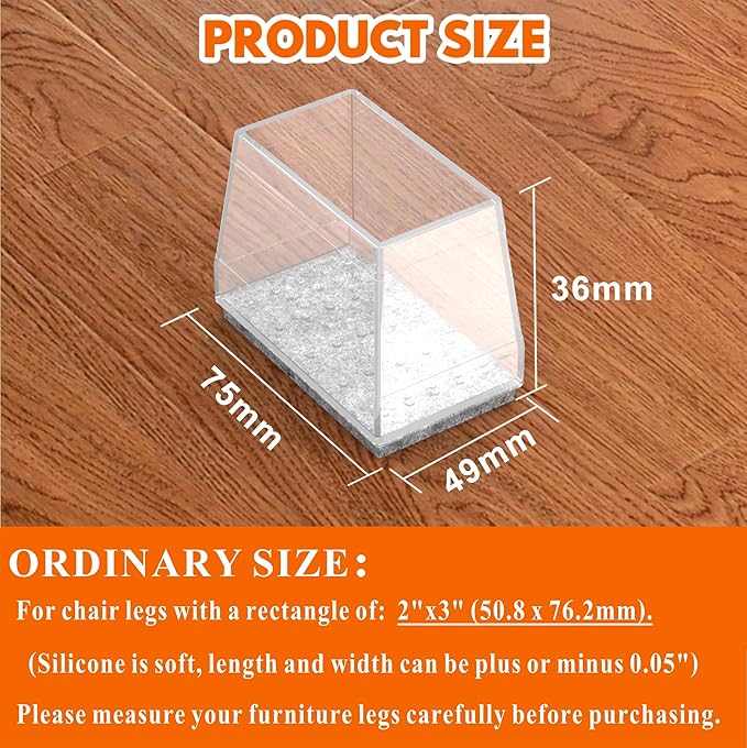 Rectangle Chair Leg Protectors for Hardwood Floors,16 PCS Silicone Covers to Protect Wood Tile Floors Felt Pads Furniture Leg Caps Reduce Noise. Easy to Move. (Clear,2 x 3 Inch, Rectangular)