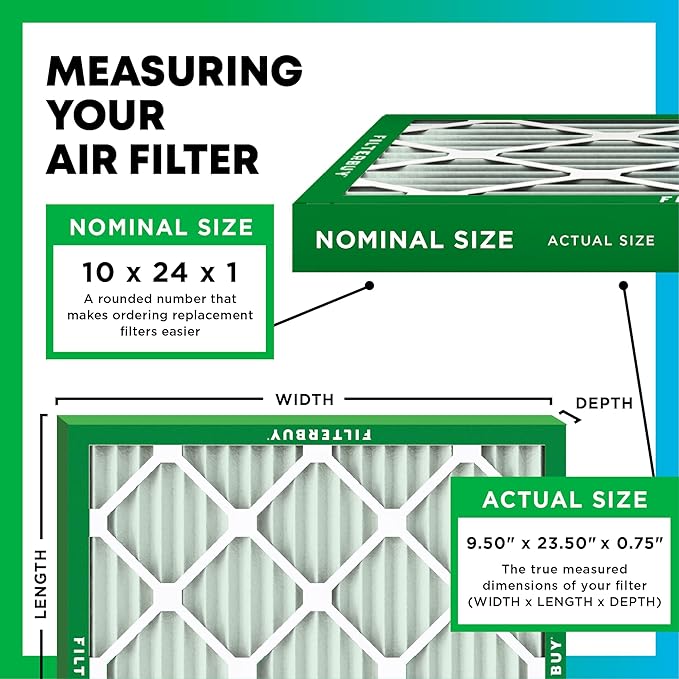 Filterbuy 10x24x1 Air Filter MERV 8 (MPR 700) Dust Defense Replacement (6-Pack), Electrostatic Pleated HVAC AC Furnace Filters, Made in USA (Actual Size: 9.50 x 23.50 x 0.75)