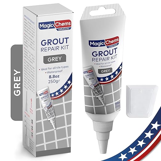 Tile Grout Repair, Grey 8.8 oz/250gr. Fast Drying Grout Repair Kit, Grout Filler Tube Repair Kit, Tile Grout Paint, Grout Sealer Restore and Renew Bathroom Floor, Tile Gaps Joints Lines, Nozzle Cutted