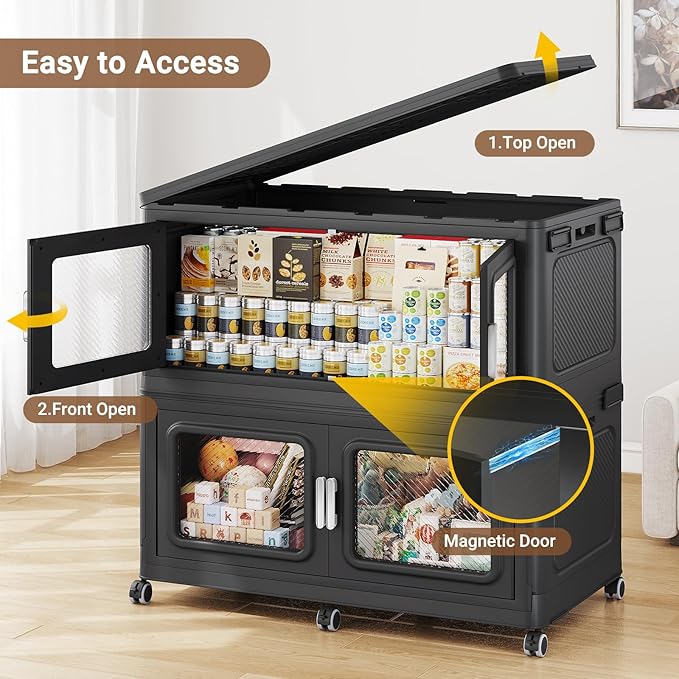 BROVIEW 220 Qt Stackable Storage Bin with Lids, 55Gal Extra Large Collapsible Storage Boxes, Folding Plastic Drawer, Heavy-Duty Store Cabinet, Closet Organizer for Home Kitchen, 1 Pack Black