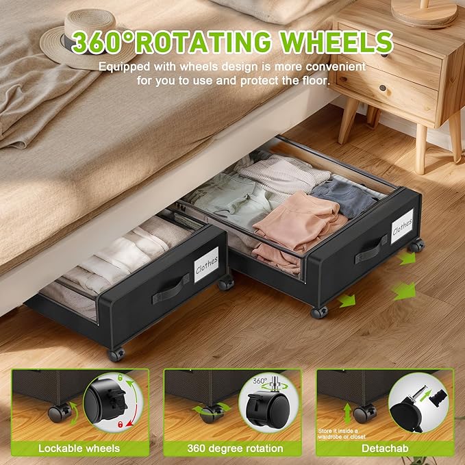 Under Bed Storage with Wheels, 2-Pack Under the Bed Storage Containers with Clear Lids & Label, Underbed Storage Bins, XXL 60L Rolling Metal Drawer for Clothes, Shoes, Toys, Books - Black