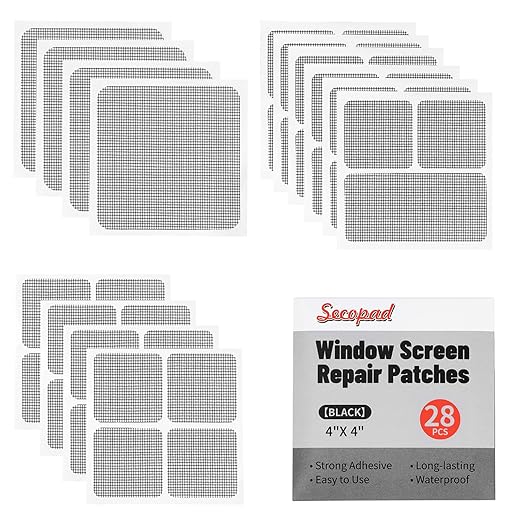 28 Sheets Window Screen Patches Repair Kit, Black 3 Sizes Window Screen Repair Kit for Mesh Screen Door, Strong Adhesive Fiberglass Quick Screen Repair Tape