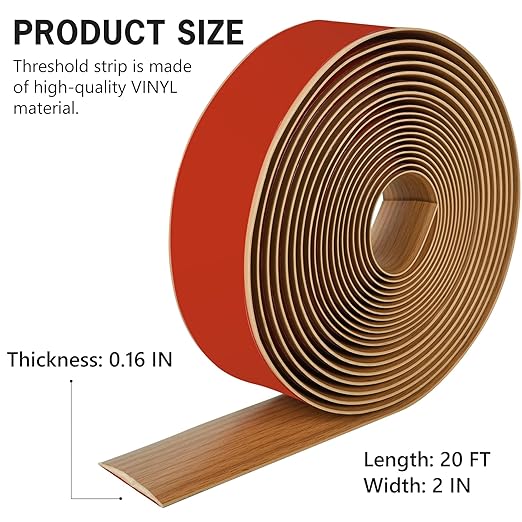 20Ft Floor Transition Strip Self Adhesive Vinyl Cover Floor Strip Flat Divider Transition Strip Wood Grain Design for Laminate Floor Gaps and Doorway Transitions (20Ft x 2 Inch, Light Brown)