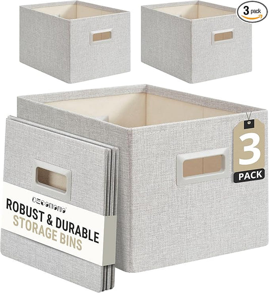 DECOMOMO Storage Bins for Shelves Robust Fabric Closet Bins for Shelves Toy Storage Clothes Books (Pack of 3 – Light Grey)