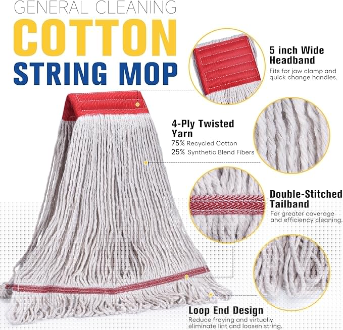 Matthew Cleaning Commercial Mop Head Replacement, 5 Inch Wide Headband, Looped End Cotton Blend String Wet Mops for Floor Cleaning, 18 oz Medium, 6-Pack White