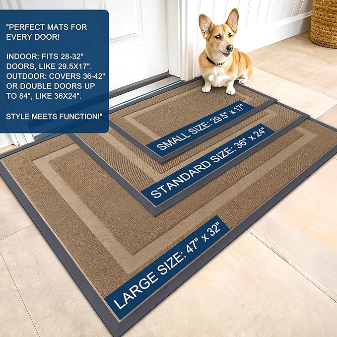 OLANLY Front Door Mat Indoor Outdoor Entrance, Waterproof All-Season, All-Weather Doormat, Sturdy Natural Rubber, Fade Resistant, Low Profile, Easy Clean Patio Porch Entryway Mat, 59x20, Light Brown