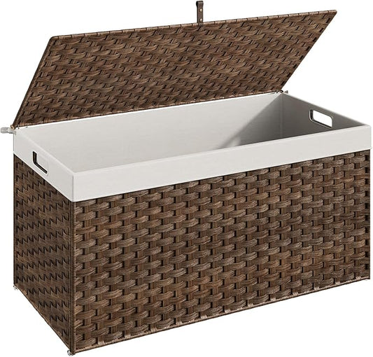 HOOBRO Storage Basket with Lid, 52.8 Gallon (200L) Wicker Basket, Handwoven Blanket Storage Basket with Handles, Metal Frame and Soft Lining, Foldable for Bedroom, Laundry Room, Brown BR220CW01