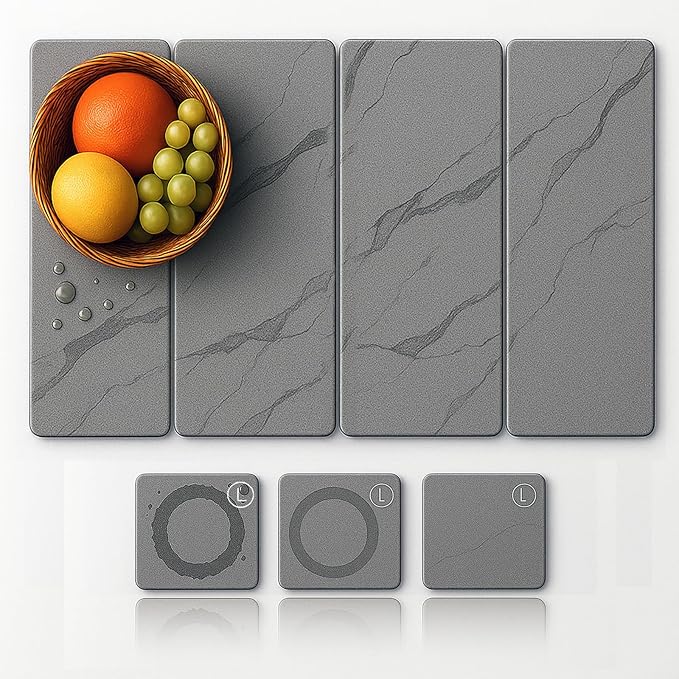 Large Stone Drying Mat for Kitchen Counter24"x16" , Misty Gray,Diatomaceous Earth Quick Dry Foldable Dish Drying Mat, Eco-Friendly Minimalist Design for Modern Homes (Gray, Large)