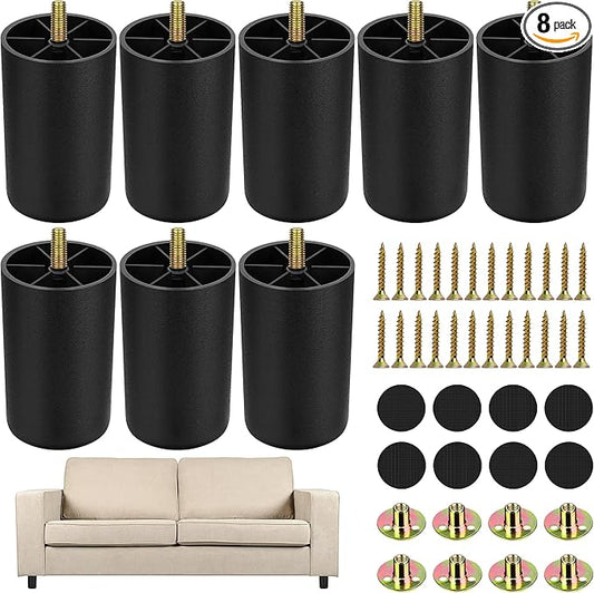 TURSTIN 8 Pack 3 Inch Plastic Furniture Legs with M8 T-Nuts Screws Tapered Sofa Couch and Chair Legs Replacement Furniture Legs for DIY Projects Sofas Coffee Tables Dressers Beds