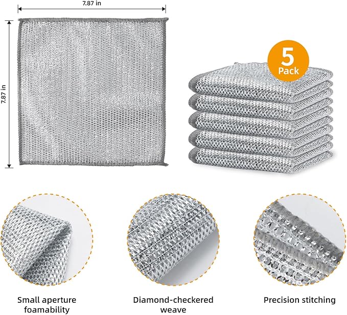 5Pcs Non Scratch Wire Dishcloth, Multipurpose Wire Dishwashing Rags, Steel Metal Wire Cloth Mesh Miracle Cleaning Cloths for Kitchen, Dishes
