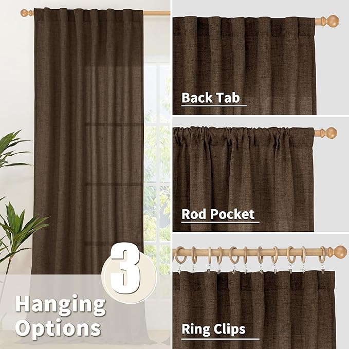 YoungsTex Brown Linen Kitchen Curtains 36 Inch Length, Half Window Drapes Light Filtering Semi Sheer with Rod Pocket Back Tab for Cafe Bathroom Window Over Sink, 30 x 36 Inch, 2 Panels