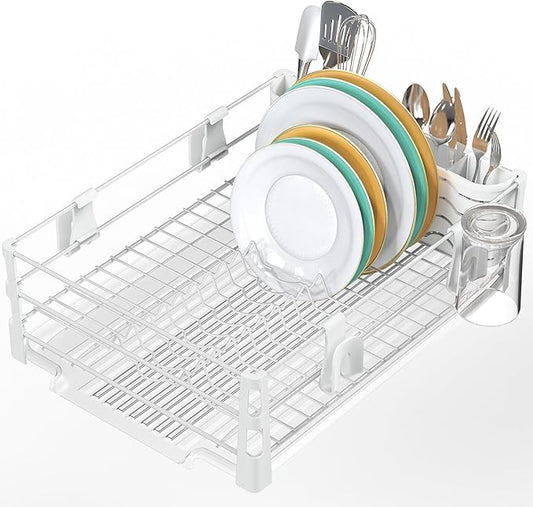 SIMPLE HOUSEWARE White Dish Drying Rack with Drainboard, Utensil Holder & Mug Hooks – Metal Kitchen Counter Organizer