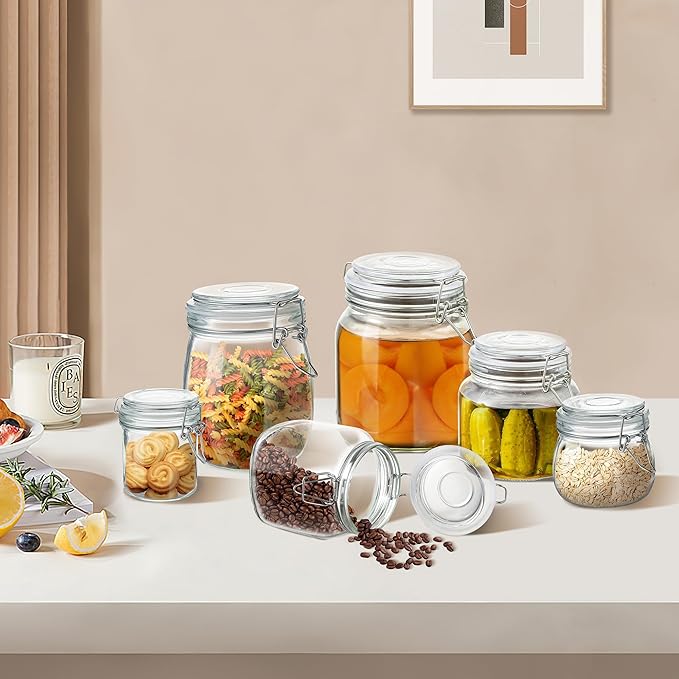 Glass Food Storage Jars with Airtight Lids 25 oz Square 4 Pack Kitchen Storage Containers Cabinet Canisters Sealed Pot Canning for Pasta, Cereal, Coffee, Beans, Spice