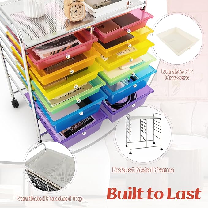 GOFLAME 12-Drawer Rolling Storage Cart, Multipurpose Organizer Cart with 2 Sizes Plastic Drawers, Mobile Utility Cart with Lockable Casters for School, Home Office, Beauty Salon, Rainbow