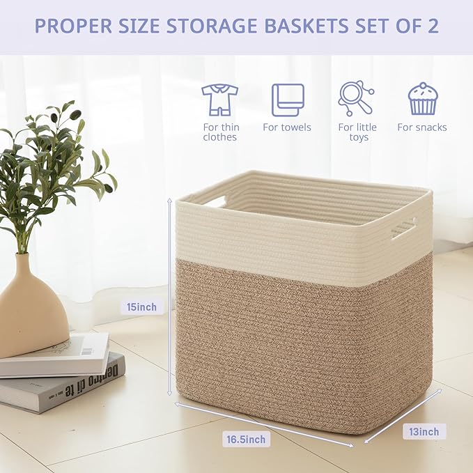 OIAHOMY Storage baskets for Shelf, Large Collapsible Storage Bins, Blanket Basket Living Room, 16.5 x 13 x 15 Inches-Pack of 2-Brown