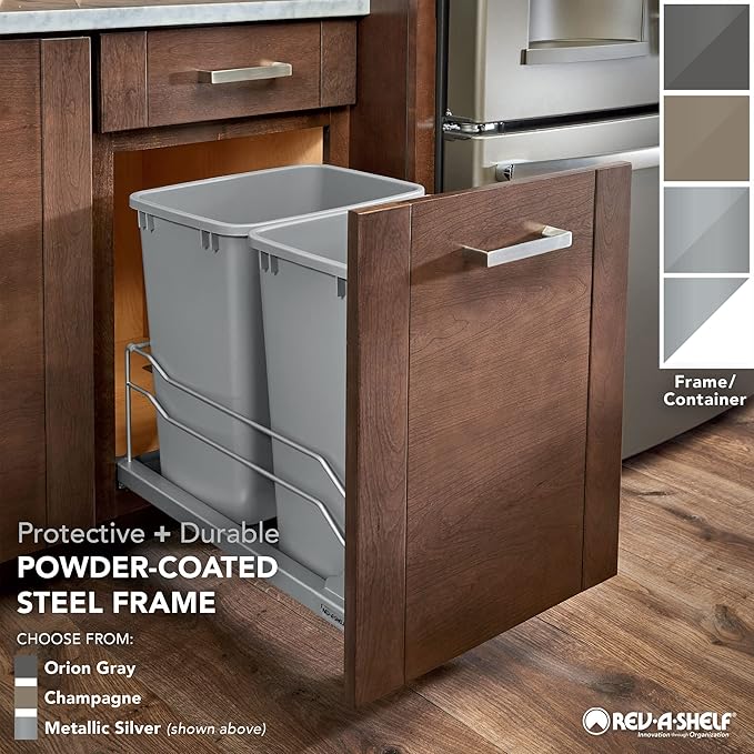 Rev-A-Shelf Double Pullout Trash Cans for Under Kitchen Cabinets 35 Quart 8.75 Gallon with Soft-Close Slides, Orion Gray, 53WC-1835SCDM-213