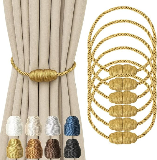 Magnetic Curtain Tiebacks Rope Curtain Tie Backs for Curtains 6 Pack Curtain Holders for Drapes Decorative Window Curtain Holdbacks, Gold