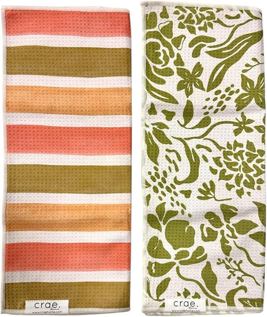 2 Double Sided Microfiber Hand Towels, 17x27 Inches Waffle Design Kitchen Towels Set, Durable & Soft Fast Drying Hand Wash Cloth and Dishcloth for Everyday Use at Home (Pat & Tricky- Green/Cream)