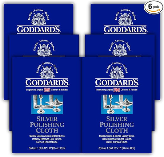 Goddard's Silver Polishing Cloth for Jewelry, Remove Tarnish on Plated or Sterling Silver, Gold, Antiques, and Leaves Tarnish Protection, 6 Cloths