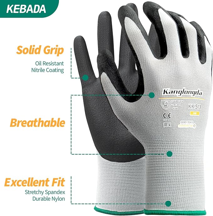 6-Paris XXL Work Gloves for Men and Women, Nitrile Coated Safety Protective Gloves with Grip, Ideal for Gardening, Warehouse, Mechanic, Light Duty Construction Work