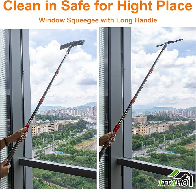 ITTAHO Squeegee for Window Cleaning,12" Squeegee and 11" Microfiber Scrubber Combi with Stainless Steel Pole,Extendable Window Cleaner for Car,Sliding Door,Shower Glass Door-Swivel Style-2 Pads
