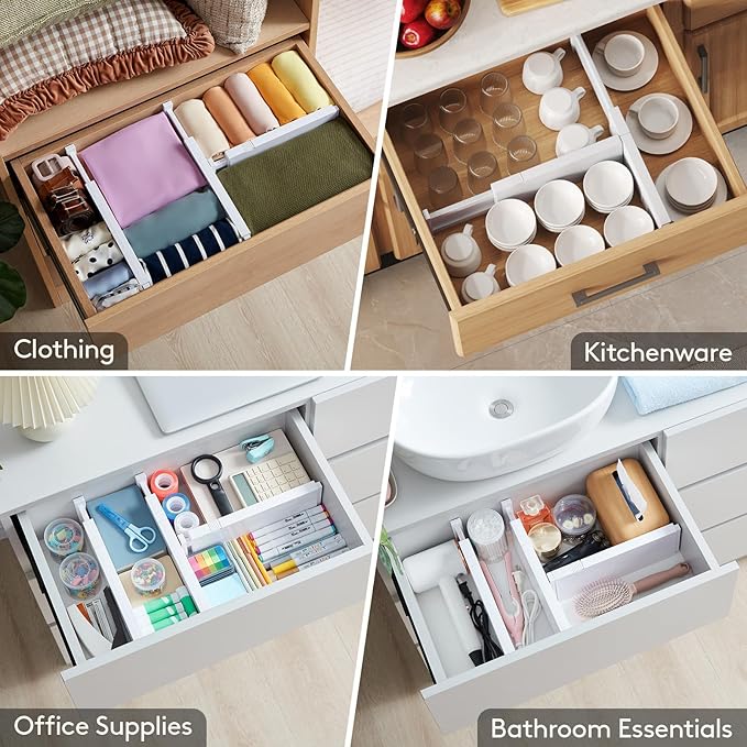 Lifewit 4 Pack Drawer Divider 4" High,11-17" Drawer Dividers for Clothes, Adjustable Clothing Drawer Organizers, Expandable White Dresser Drawer Separators for Bedroom, Bathroom, Vanity, Office