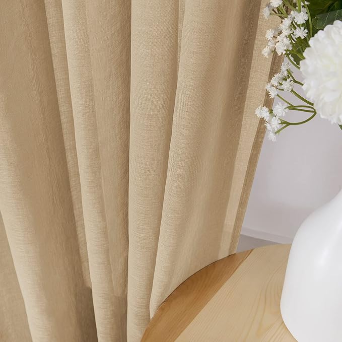 Tollpiz Sheer Curtain Linen Textured Bedroom Curtains Sheer Light Filtering Rod Pocket Voile Curtain for Living Room, 54 x 95 inches Long, Beige, Set of 2 Panels